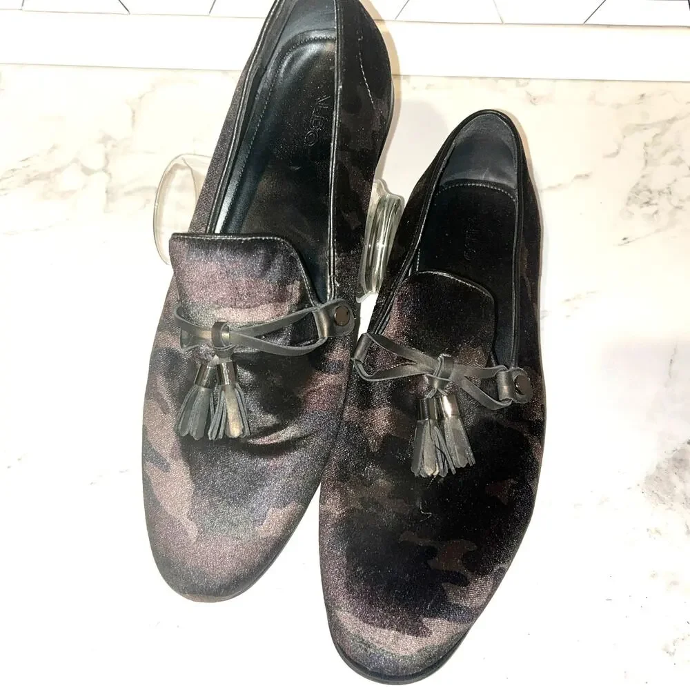 ALDO Mens Camo Velvet Tassel Loafers Size 12 Black Gray Slip On Dress Shoes 45